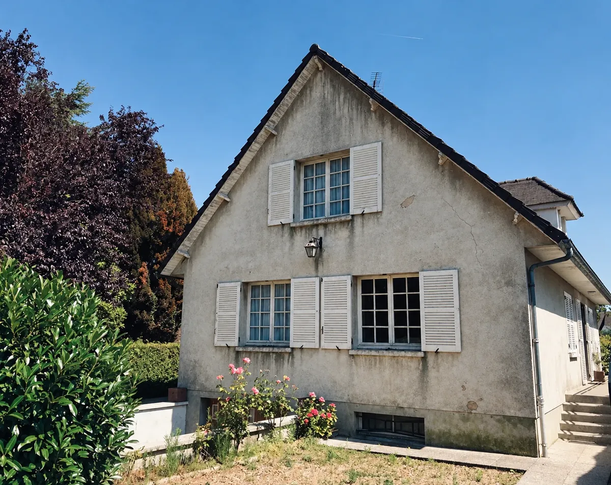Façade avant travaux : enduit gris sali, fissuré et écaillé